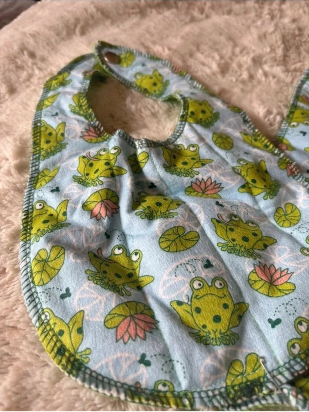 Light Blue Frog-Print Handmade Baby Bib  & Burp Cloth Set